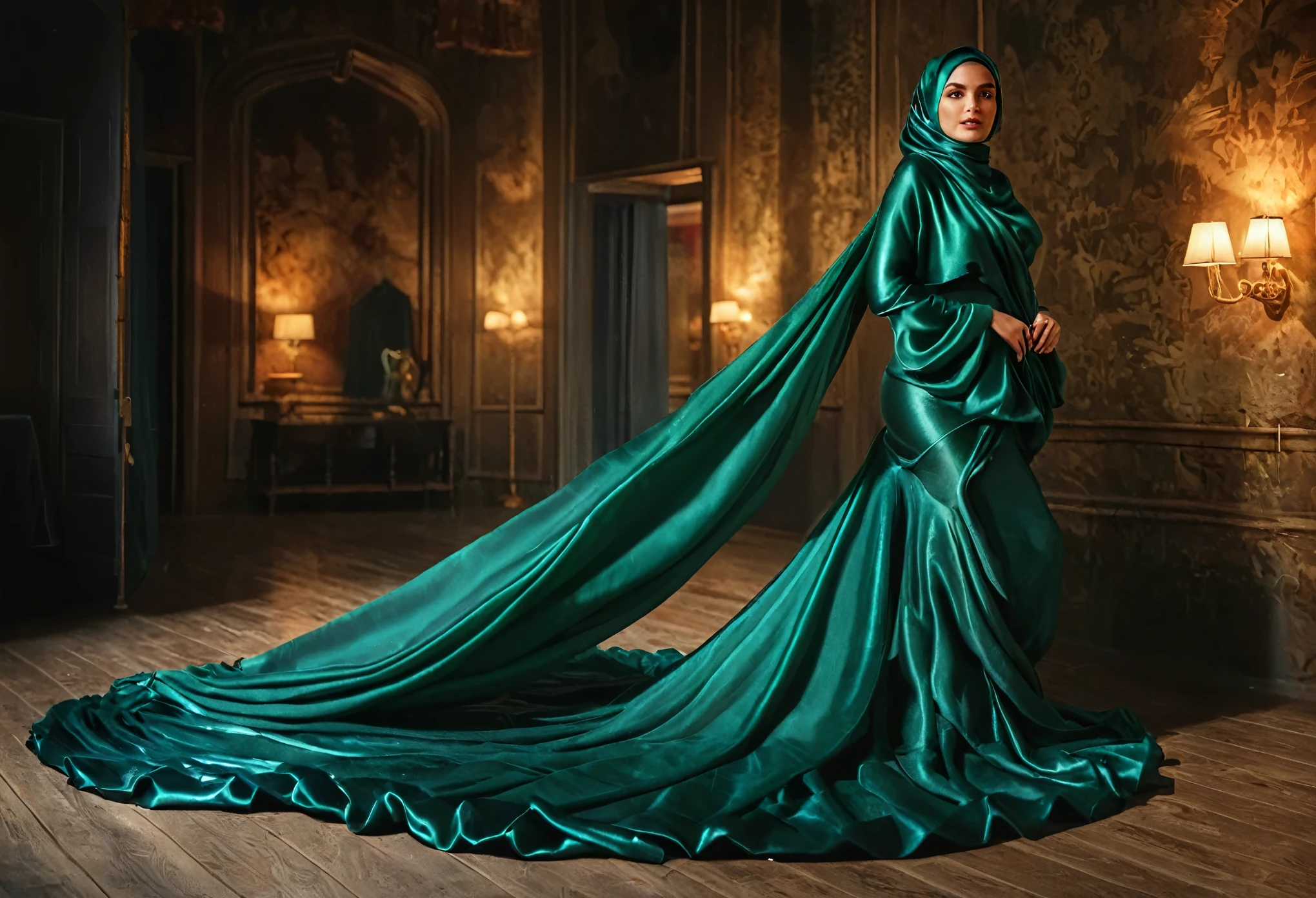 woman shrouded in a 10-meter-long, plush dark green semi transparent satin shimmer cloth, tightly bound and grandly draping along the form of her body,m, flowing off into a pooled floor-length train, styled in a mermaid-inspired outfit, her head modestly veiled in a satin hijab,walk in trafic light, a full-body pose conveying a sense of mysterious elegance, captured in a 4k resolution, ultra-realistic, (best quality,4k,8k,highres,masterpiece:1.2),ultra-detailed,(realistic,photorealistic,photo-realistic:1.37),HDR,UHD,studio lighting,ultra-fine painting,sharp focus,physically-based rendering,extreme detail description,professional,vivid colors,bokeh,portraits,fantasy,cinematic lighting
