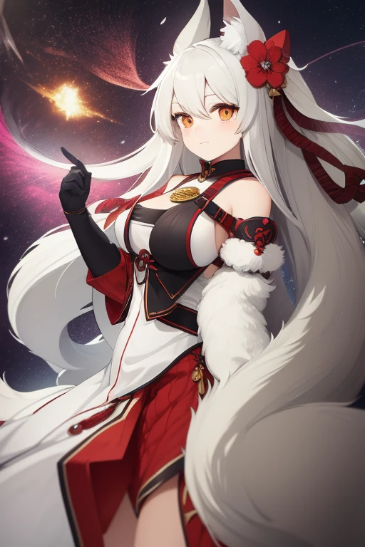 Dragon tail、No single side angle、Dragon girl、Girl with horns、tail,white hair、Girl with two teeth、Dragon girl、(4 horns)、There are no bright spots in the eyes,ssmile,black leg rings,Hong Barren starry sky background、Magic Crystal、Red sweater、Small skirt