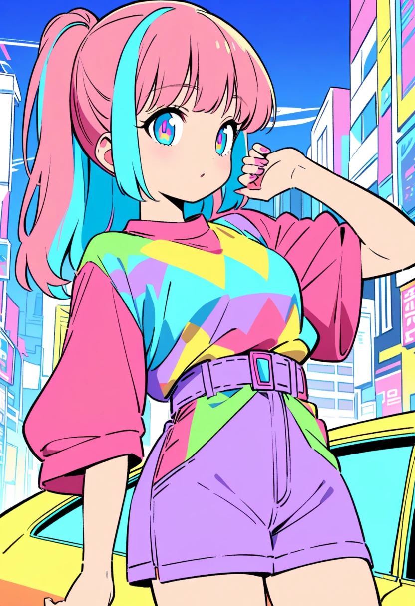 masterpiece, best quality, beautiful detailed eyes, ultra-detailed, finely detail, highres, perfect anatomy, colorful, Pastel Colors, 1girl, solo,cute pose, city pop illustration, city pop arts, simple background, retro style, vaporwave city pop, 1980s city pop, city pop anime, car, retoro style, 1980s fashion, cowboy shot, Kyoto Animation, flat color