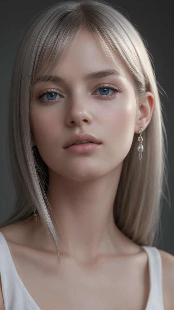 female face, American, 30 years, pale skin and freckles, gray eyes, delicate nose, Soft and delicate lips, Blondie Gray Hair, pony tail, ultra-realistic photorealistic HD captivating smile