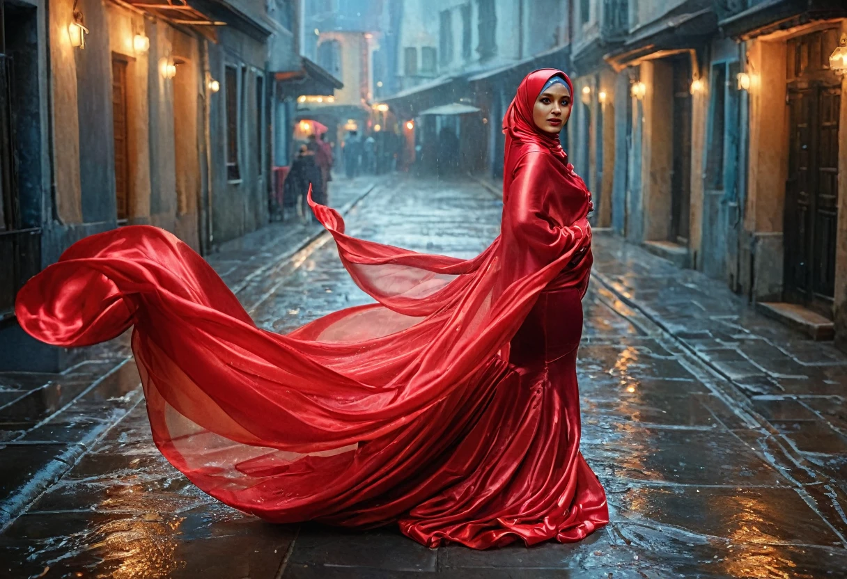 woman shrouded in a 10-meter-long, plush red semi transparent satin shimmer cloth, tightly bound and grandly draping along the form of her body,m, flowing off into a pooled floor-length train, styled in a mermaid-inspired outfit, her head modestly veiled in a black satin hijab,walk in wet sidewalk, a full-body pose conveying a sense of mysterious elegance, captured in a 4k resolution, ultra-realistic, (best quality,4k,8k,highres,masterpiece:1.2),ultra-detailed,(realistic,photorealistic,photo-realistic:1.37),HDR,UHD,studio lighting,ultra-fine painting,sharp focus,physically-based rendering,extreme detail description,professional,vivid colors,bokeh,portraits,fantasy,cinematic lighting
