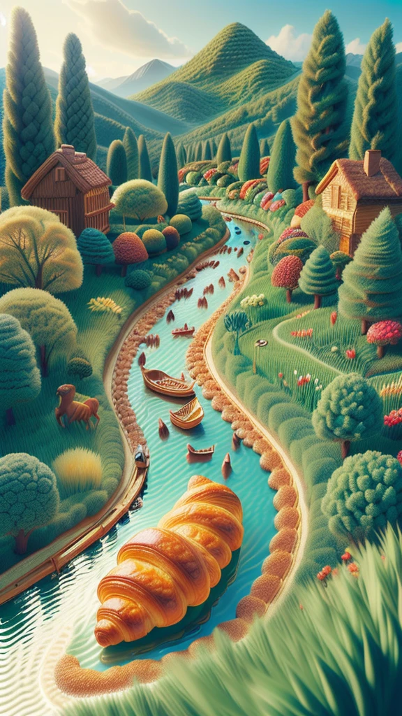 Carved croissants, a cat lying on the bank of a realistic stream entirely made of croissants, realistic style, cinematic feel