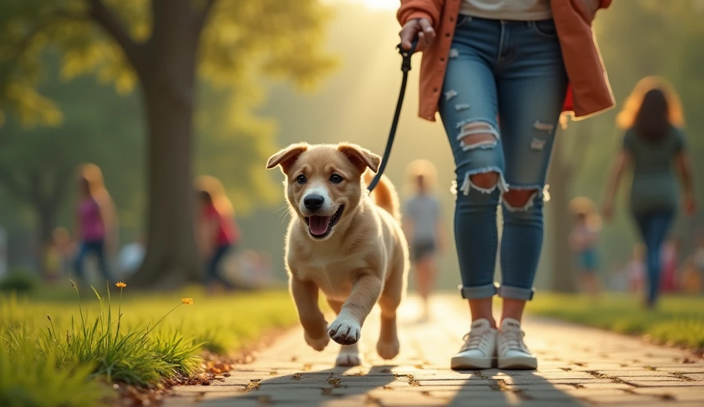 A puppy is walking with its owner in the morning park。The dog is quite close in front and looks big.、The owner can only see his feet、Children are playing in the park、Women are wearing distressed jeans up to their ankles.、Have a lead、