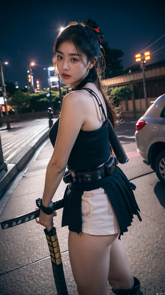 1girl,Tokyo Street,night,cityscape,facial details,city lights,half body view,big ,cleavage,8k,RAW photo,best quality,masterpiece,realistic,photo-realistic,best quality,masterpiece,very high resolution  , (photorealistic:1.3 ), 8K, raw photo, 1girl, ninja armor, outdoors, old Japanese town, from below, (holding katana:1.2), katana, ninja girl, natural skin texture, samurai, skin pores  , natural skin texture, dynamic pose, film grain, 