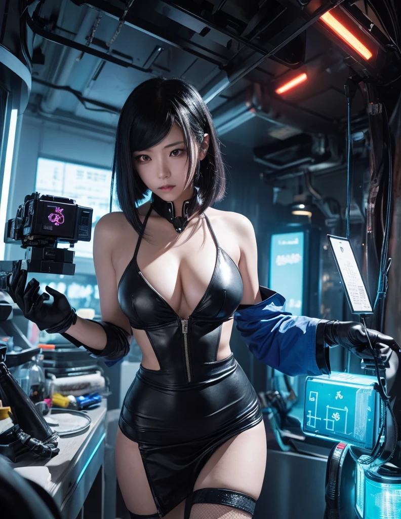 "Create a high-resolution cyberpunk artwork featuring a beautiful young woman with sleek black hair and a white shirt. She should have a striking, detailed face, reminiscent of the work of Riusuke Fukahori and Aya Takano. The scene should incorporate elements of vanitas, such as subtle skull motifs or wilting flowers, to convey a sense of impermanence. The background should be richly detailed with neon lights and futuristic cityscape elements, blending the cyberpunk aesthetic with a touch of elegance. The character should have cybernetic enhancements, adding a stylish yet intricate touch. Ensure the image is vibrant, with high contrast and intricate details."

