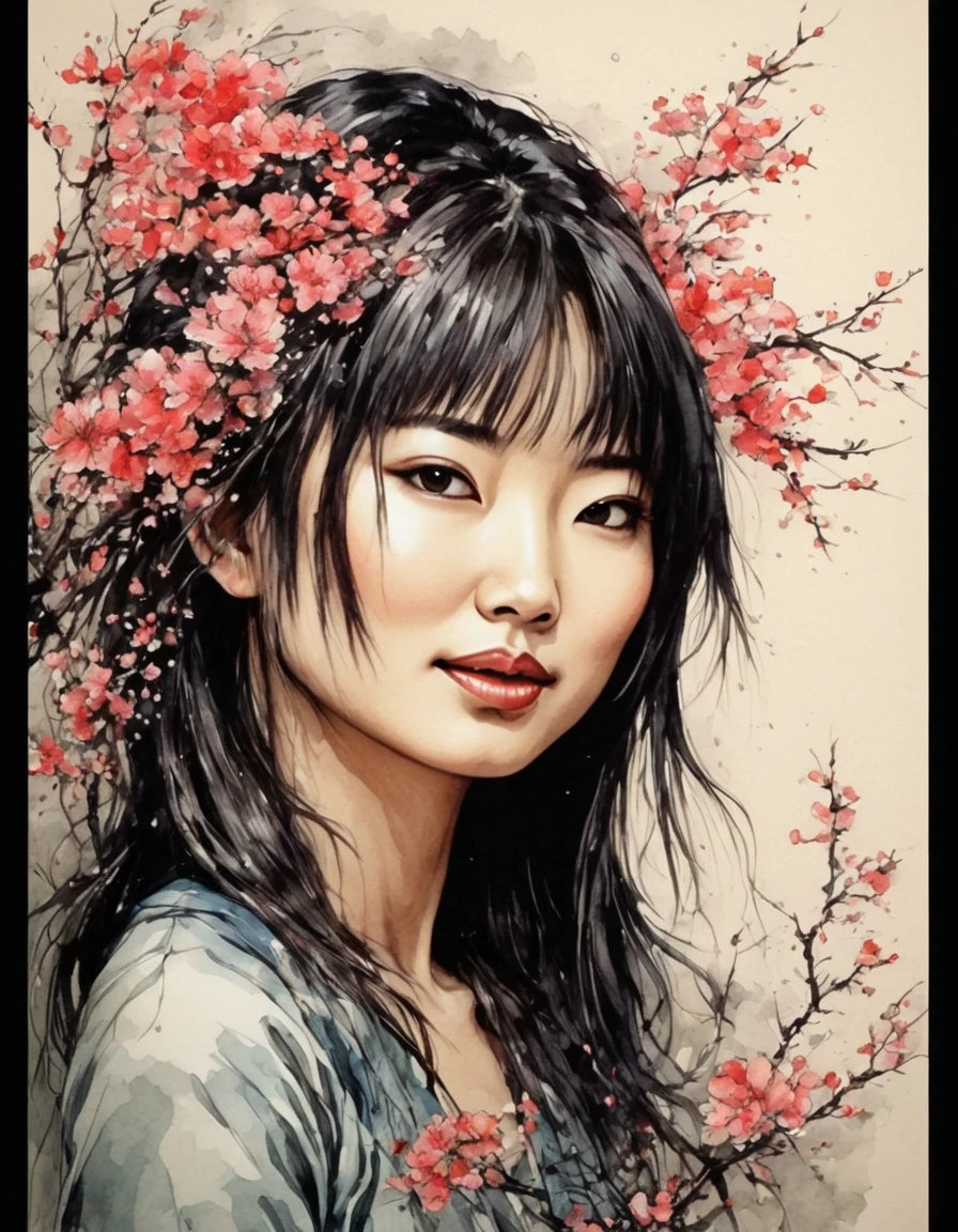 Perfect face, japanes woman, gouache, ink, line sketch, Fauvism style, Dan Mumford, Andy Kehoe, Luis Royo. Vintage, flowers,  graceful features, delicate, exquisite workmanship,kodew