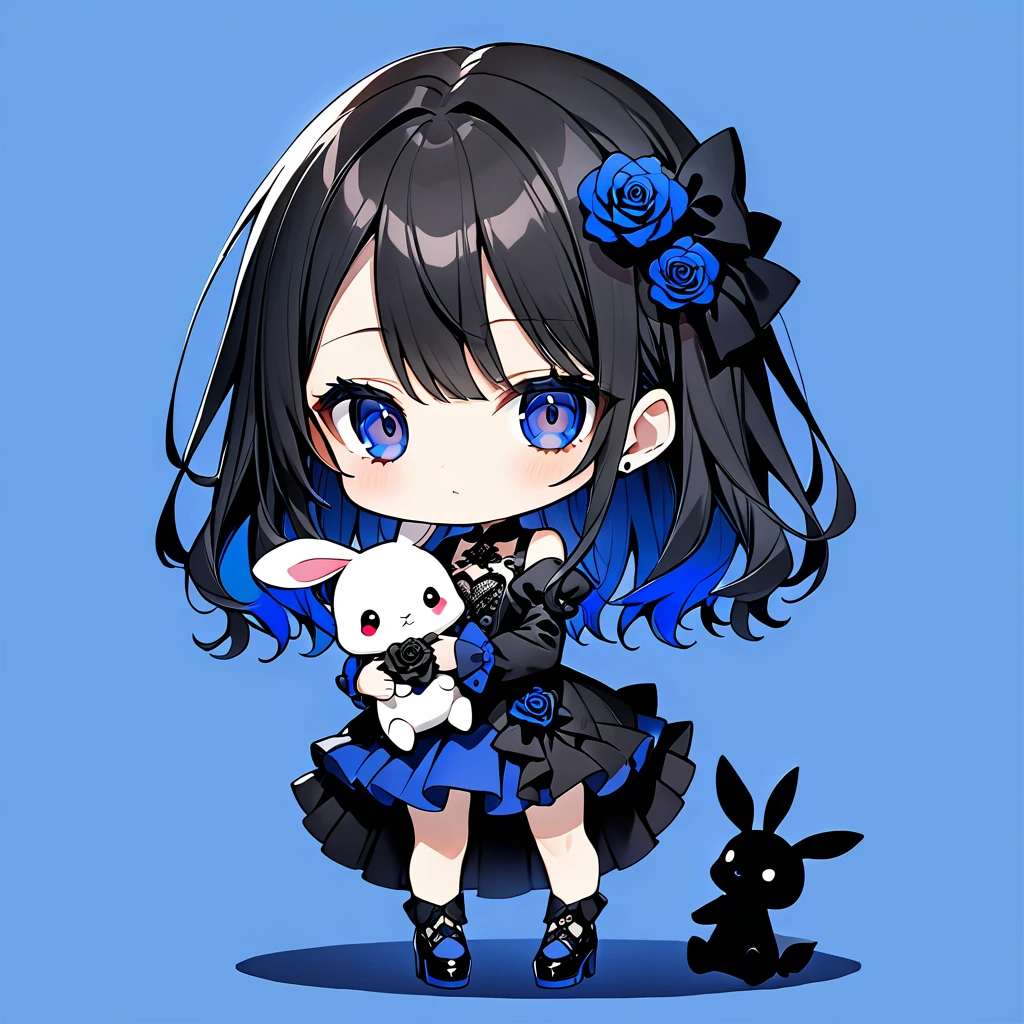 Chibi、royal blue background、Black clothes、Long sleeves with flared cuffs、Shoulders are exposed、One piece flare skirt、Holding a stuffed rabbit in one hand、Black and royal blue palette、Gothic Shoes、Front facing the viewer、Black Rose、🌙、Perfect Anatomy、heart、