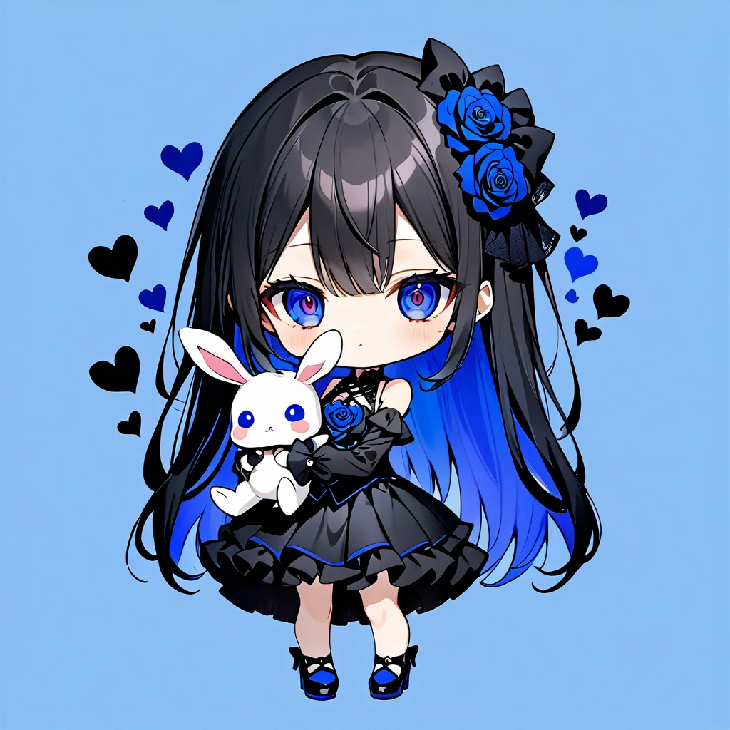 Chibi、royal blue background、Black clothes、Long sleeves with flared cuffs、Shoulders are exposed、One piece flare skirt、Holding a stuffed rabbit in one hand、Black and royal blue palette、Gothic Shoes、Front facing the viewer、Black Rose、🌙、Perfect Anatomy、heart、