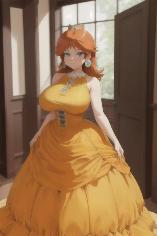 (best quality), (masterpiece), 1 girl, early 20's, huge heavy breasts, thick, thick lips, wide hips, thin waist, orange hair, yellow dress, blue eyes, ballgown dress