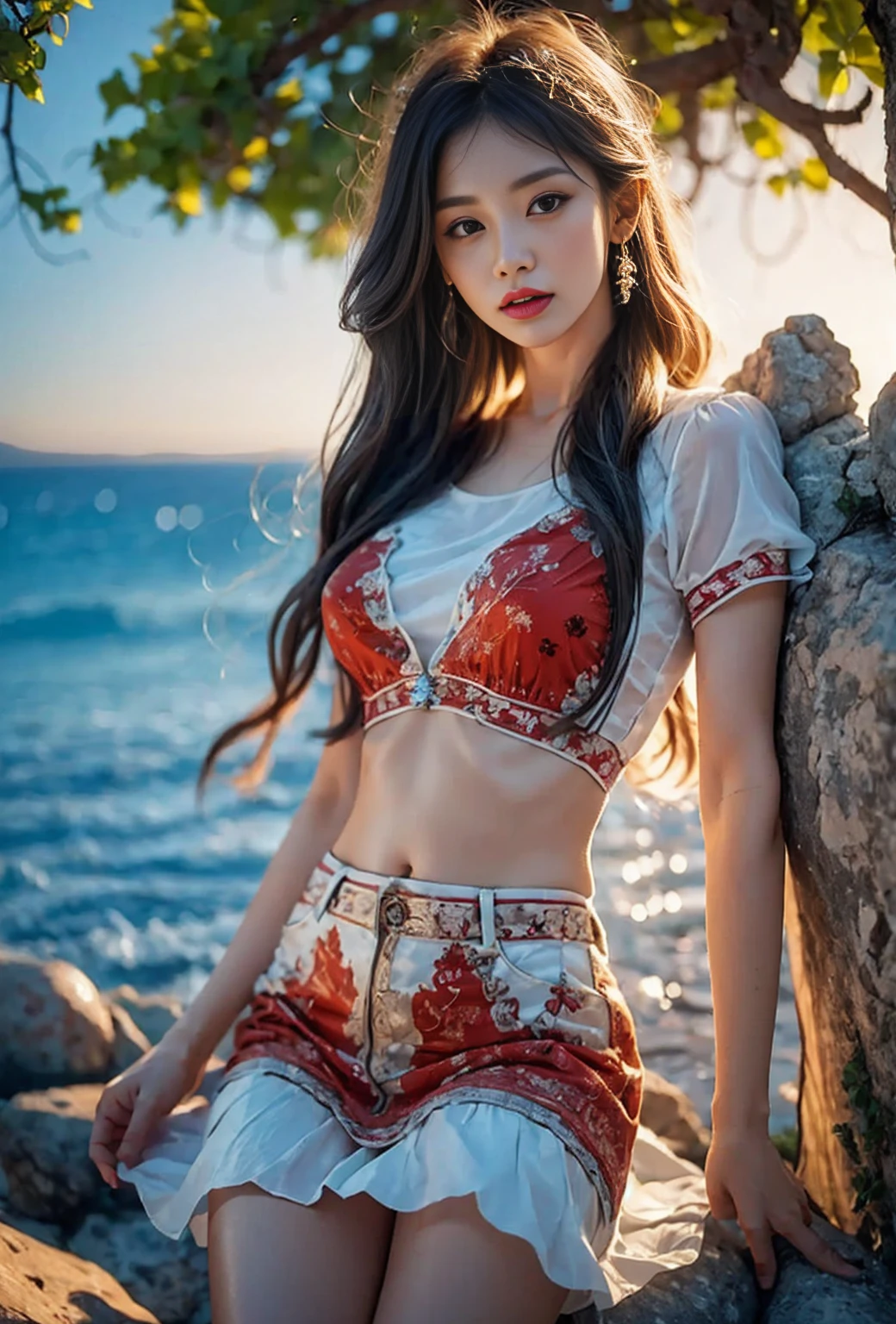 Black and white and blue and red, (Best quality, Very detailed, High resolution, Very detailed CG), wide shot, Dead angels stand on the edge of a cliff, She is very beautiful., She loves blood and the sea, Wearing a blouse with thin puff short sleeves and a loose pleated skirt, mysterious, Surreal, feeble