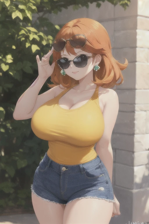 (best quality), (masterpiece), 1 girl, early 20's, huge heavy breasts, thick, thick lips, wide hips, thin waist, orange hair, yellow tank top shirt, blue eyes, jean shorts, wearing sunglasses on head