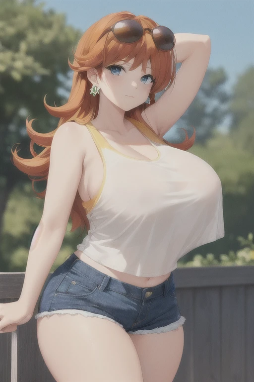 (best quality), (masterpiece), 1 girl, early 20's, huge heavy breasts, thick, thick lips, wide hips, thin waist, orange hair, yellow tank top shirt, blue eyes, jean shorts, wearing sunglasses on head