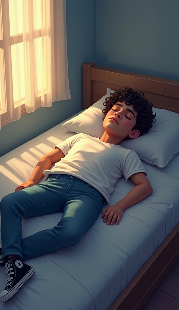 A handsome teenager boy wearing blue tshirt, black tight-fitting jeans and black shoes while sleeping in bed