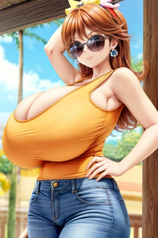 (best quality), (masterpiece), 1 girl, early 20's, huge heavy breasts, thick, thick lips, wide hips, thin waist, orange hair, yellow tank top shirt, blue eyes, jean shorts, wearing sunglasses on head