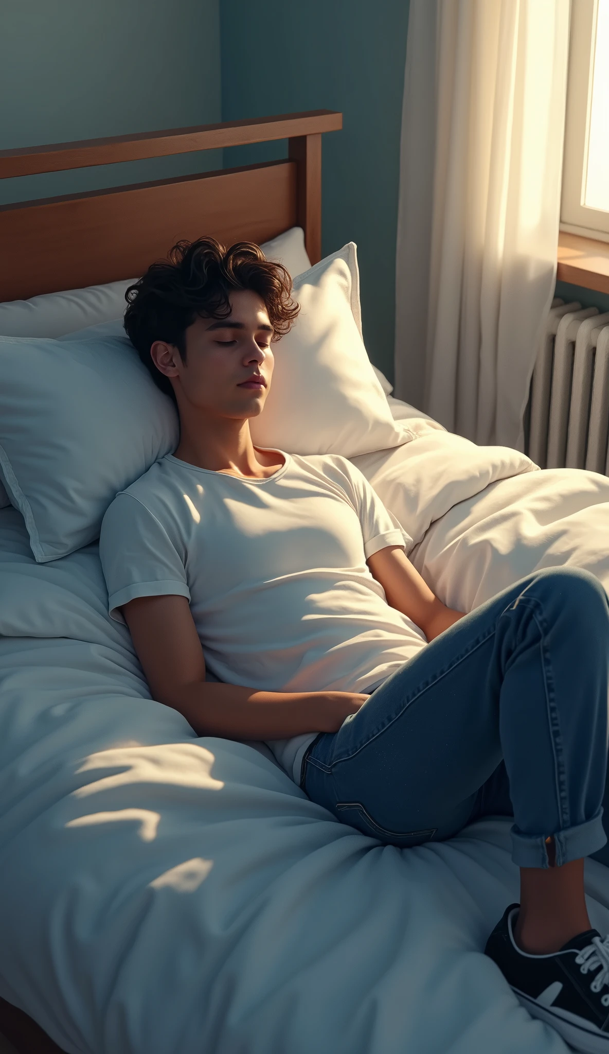young man lying in bed ,brown cargo shorts , erect penis