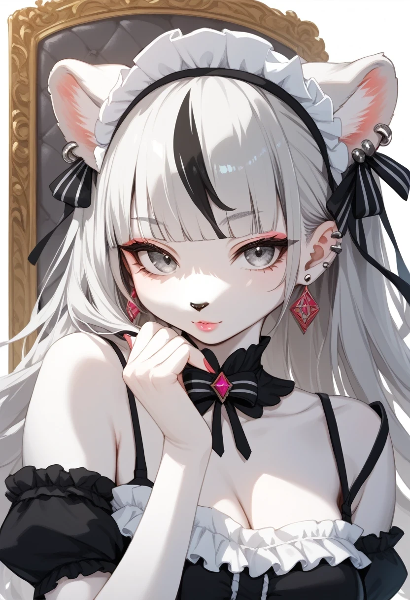 score_9, score_8_up, score_7_up, score_6_up, score_5_up, score_4_up, source_anime, best quality, masterpiece, 1 female, (furry, kemono), tiger, solo, looking at viewer, jewelry, earrings, long hair, ear piercing, maid, grey eyes, piercing, blunt bangs, realistic, white hair, closed mouth, portrait, hand on own chin, upper body, rufflet, hand up, multicolored hair, pale skin, fingernails, grey hair, nail polish, black dress, A close up view of a woman's face, with her left hand resting on her chin. Her hair is white and gray, and she is wearing a black and white ruffled dress. Her eyes are blue, and her lips are red. Her eyebrows are gray and her eyebrows are white. The background is a gray and white patterned wall., lipstick, makeup, pink lips, simple background, single earring, strap slip, streaked hair, stud earrings, three quarter view, white background, rating_explicit,