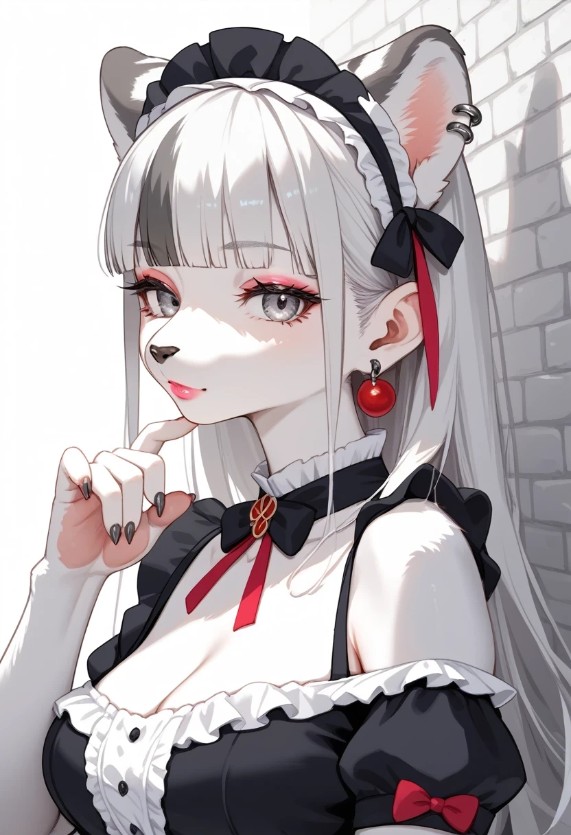 score_9, score_8_up, score_7_up, score_6_up, score_5_up, score_4_up, source_anime, best quality, masterpiece, 1 female, (furry, kemono), tiger, solo, looking at viewer, jewelry, earrings, long hair, ear piercing, maid, grey eyes, piercing, blunt bangs, realistic, white hair, closed mouth, portrait, hand on own chin, upper body, rufflet, hand up, multicolored hair, pale skin, fingernails, grey hair, nail polish, black dress, A close up view of a woman's face, with her left hand resting on her chin. Her hair is white and gray, and she is wearing a black and white ruffled dress. Her eyes are blue, and her lips are red. Her eyebrows are gray and her eyebrows are white. The background is a gray and white patterned wall., lipstick, makeup, pink lips, simple background, single earring, strap slip, streaked hair, stud earrings, three quarter view, white background, rating_explicit,