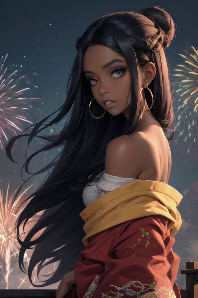 masterpiece, best quality, solo, 1girl, nessarnd, dark skin, makeup, parted lips, looking back, single hair bun, kimono, off shoulder, hoop earrings, bare shoulders, fireworks Hair Over One Eye, Very Long Hair, Straight Hair, Hair Over Shoulder, 