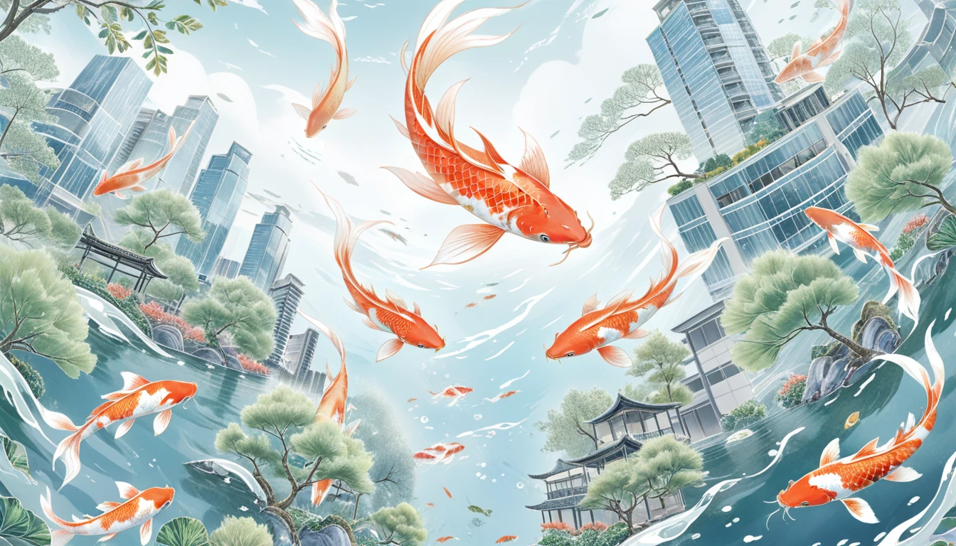 Birds-eye view，one Koi carp swim freely in the sky，many Modern high-rise buildings，Overlooking the whole city，Trees，Big scene，The main color is blue、green、grey、White, best quality, ultra detailed, very detailed colors