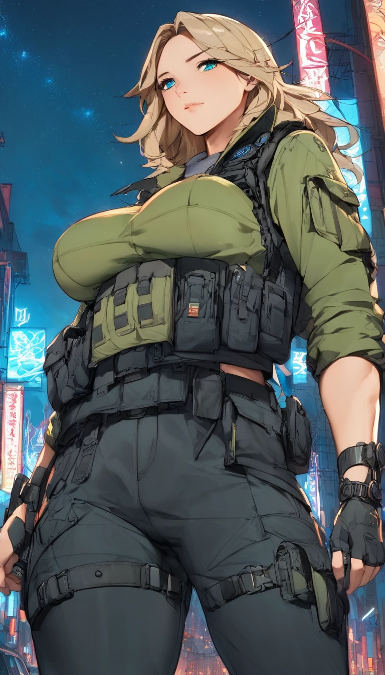 Short green hair, bangs , yellow eyes, sexy, kaiju no. 8 uniform, ready to attack a kaiju, holding a advanced rifle weapon, tied hair, cute hairstyle, serious look, gloss lips, sit, sinister, front look, tactical gear, tactical boots, tactical gloves, full body shot, beautiful eyes, large breasts, triple D cup breasts, round buttocks, bubbly buttocks, hips, bubbly ass, fit and strong, slender body , night, sensual, straigh hair cut, clear skin, evil, young 30 years girl, adult girl, solo, very long hair, 