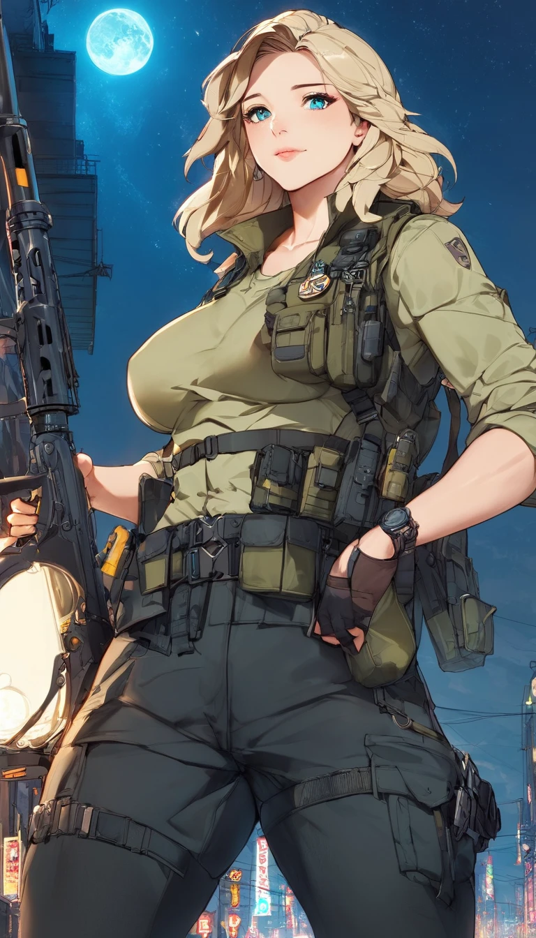 solo 1girls thick figure thick thighs size huge breast hard nipple size fat ass yellow eyes tan skin short blonde messy hair wear fingerless gloves wear short crop top hoodie wear short crop jean ripped wear holster wear black stocking tight outfit holding a rifle on hands wear tactical backpack wear tactical goggle on head 