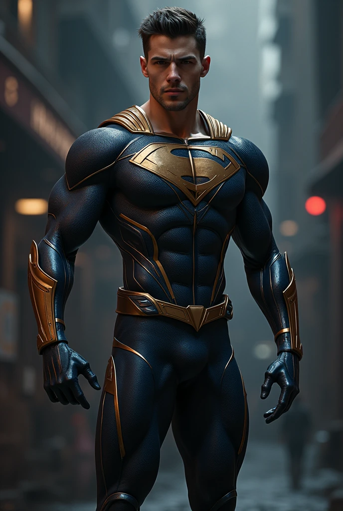 Blue and gold superhero costume