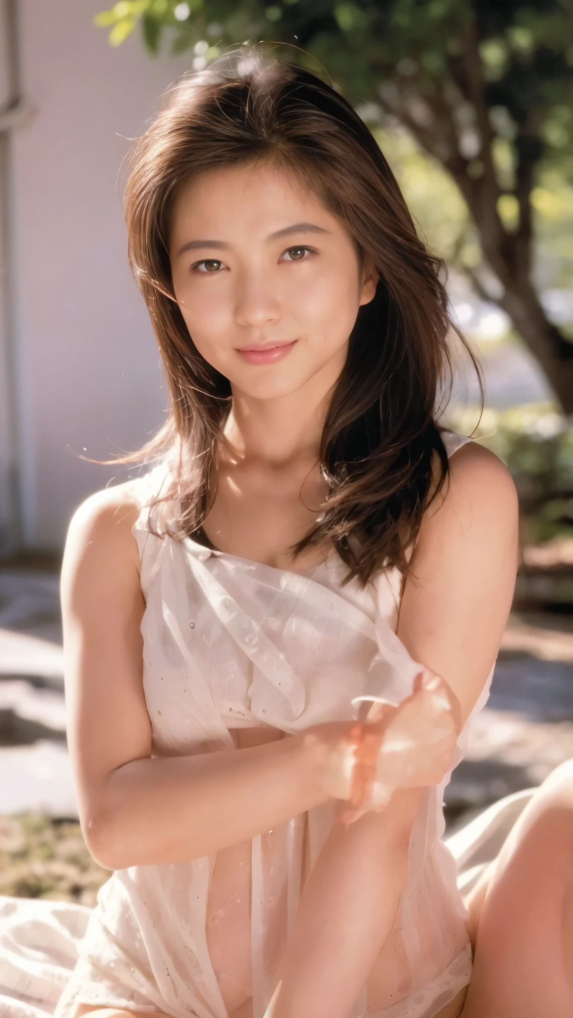 (((One girl,alone))),(Highly realistic photos, High resolution, Detailed face, Beautiful Eyes) Japanese women, 30 years old, Cute Face, Nice body, Medium chest, ,Hairstyle, Take a photo book,Healthy Body,Thighs、turn over、Depth of written boundary,panties、Narrow eyes,Light Smile、Emma Watson:0.1