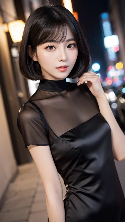 Delicate and dainty young woman with shiny bob-cut black hair and real cat ears. She is wearing red only dress with mini-skirt. The background is a fantastic and ethereal night sky that seems to be haunted by a specter. Her expression is stern and atmospheric. 10 years old, real photo style, beautiful face, stockings,
