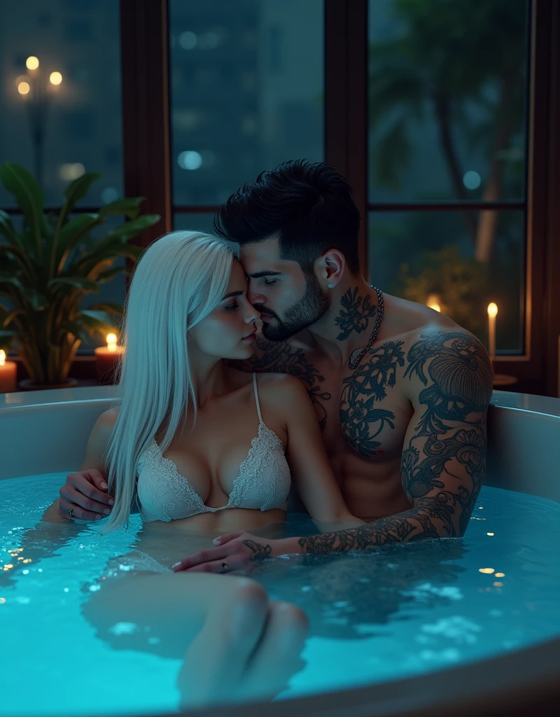 Couple taking bubble bath in bathroom, the woman has very short white hair, violet eyes and light brown skin, and the man is strong and handsome with dark hair