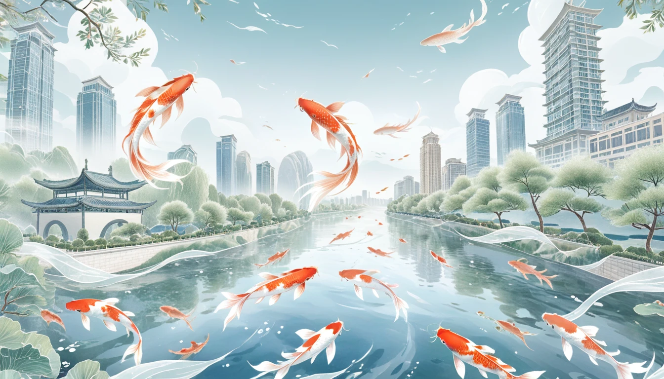 Birds-eye view，one Koi carp swim freely in the sky，many Modern high-rise buildings，Overlooking the whole city of Jinan，National trend，Trees，river，Big scene，The main color is blue、green、grey、White, best quality, ultra detailed, very detailed colors