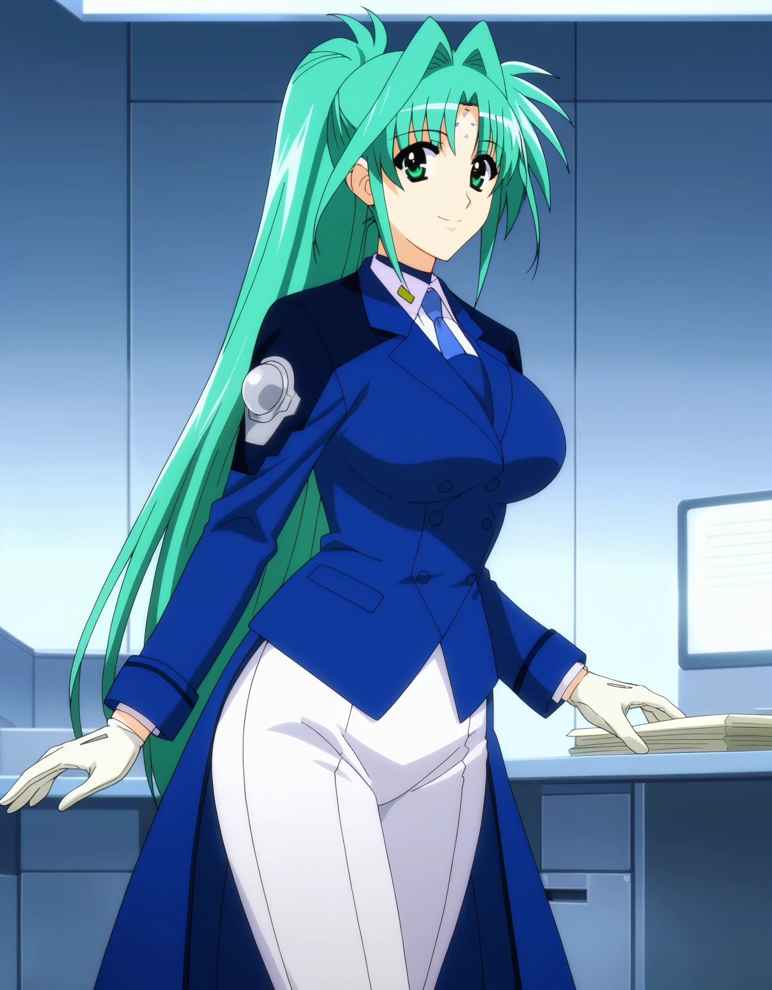 score_9, score_8_up, score_7_up, masterpiece, best quality, very aesthetic, absurdres, source_anime, anime screencap, BREAK 1girl, solo, Lindy, forehead mark, green hair, long hair, ponytail, green eyes, large breasts, military uniform, blue jacket, blue long skirt, (showgirl skirt:1.2), white pants, white gloves, smile, looking at viewer, indoors, office,