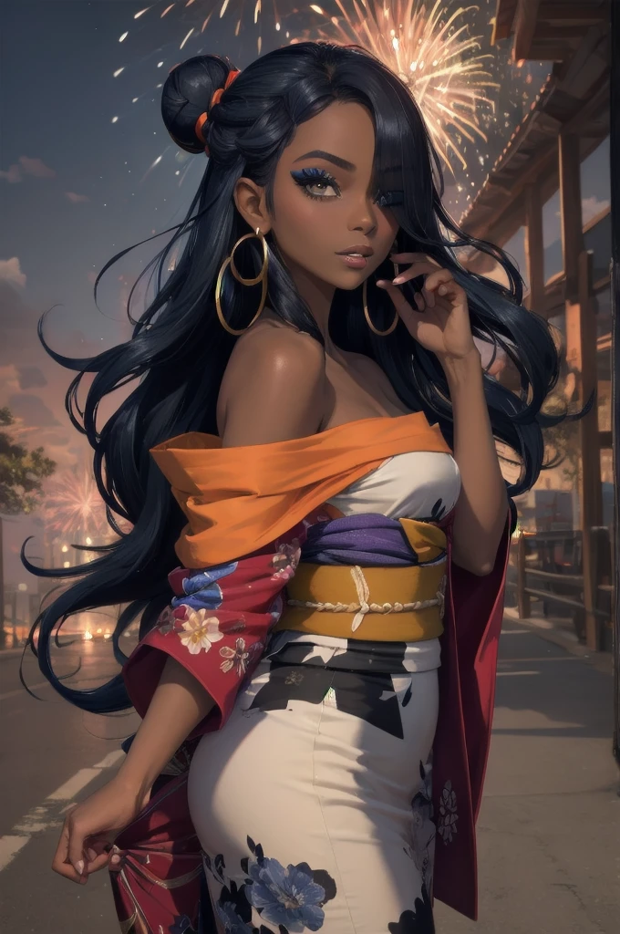 masterpiece, best quality, solo, 1girl, nessarnd, dark skin, makeup, parted lips, single hair bun, kimono, off shoulder, hoop earrings, bare shoulders, fireworks Hair Over One Eye, Very Long Hair, Straight Hair, Hair Over Shoulder, 