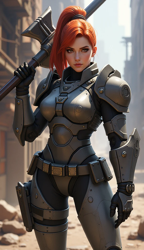 score_9, score_8_up, score_7_up, score_6_up, photorealistic, front view, knee-length photo, female, space marine, short hair, red hair, braid, muscular, sexy physique, space armor, (bloody armor), blood drops on face, in hot desert, looking at viewer, stern look, depth of field, bokeh