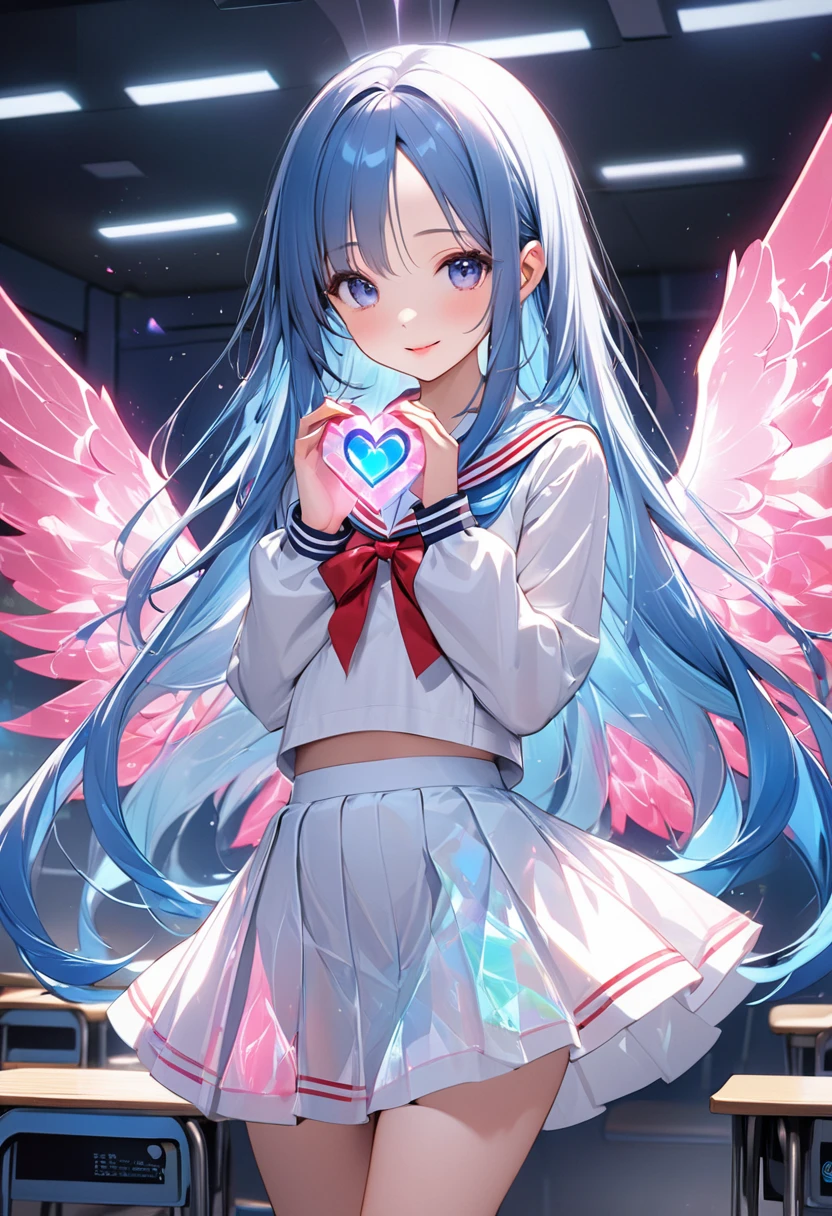 (multicoloured latex school uniform girl)、sexypose、very long twintails、Blue hair、((angel wings、Rabbit ears))、(((heart mark)))、(Golden decoration)、((Flower Embellishment))、Blue eyes、Sit up、floating flower petals、((Glitter、Light Trail、Bokeh))