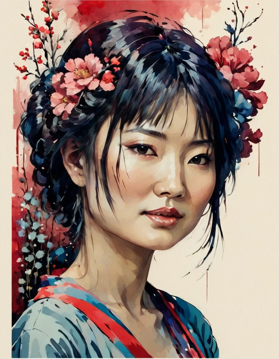 Perfect face, japanese woman, gouache, ink, line sketch, Fauvism style, Dan Mumford, Andy Kehoe, Luis Royo. Vintage, flowers,  graceful features, delicate, exquisite workmanship,kodew