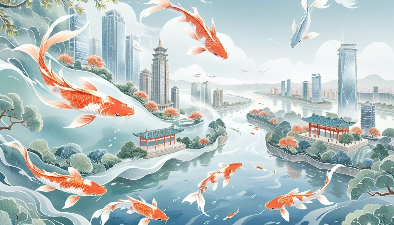 Birds-eye view，one Koi carp swim freely in the sky，many Modern high-rise buildings，Overlooking the whole city of Jinan，National trend，Trees，river，Big scene，The main color is blue、green、grey、White, best quality, ultra detailed, very detailed colors