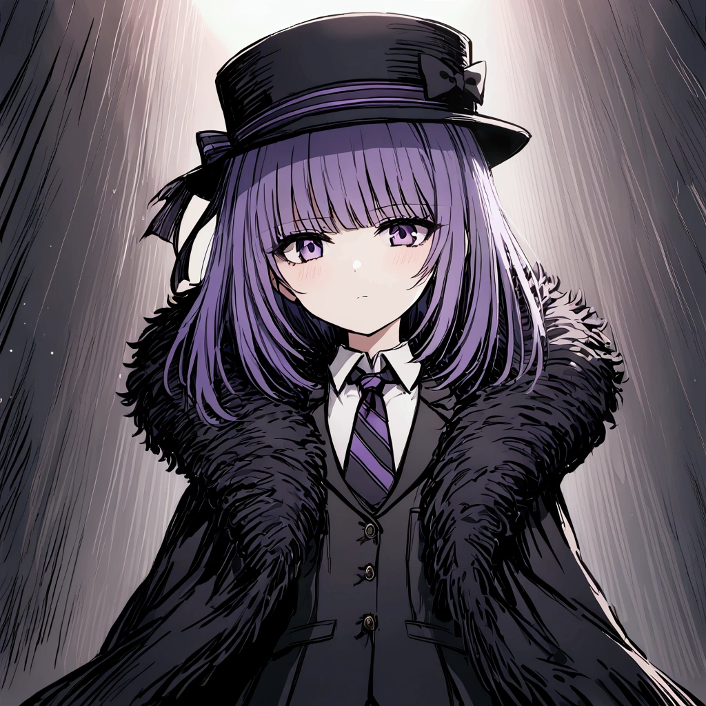 1girl, Solo, purple hair, black hat with purple stripe, purple eyes, black suit, bow on tie, bow on hat, black souls style