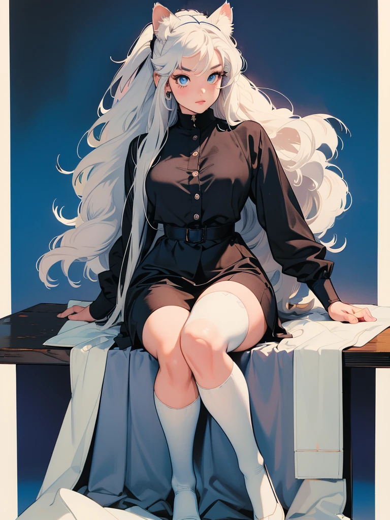 (best quality, masterpiece:1.2), illustration by hajime sorayama, perfect body, hyperfeminine curves, (detailed eyes), (deteailed face), woman, long white hair, bangs, ponytail, cat ears, cat tail, light blue eyes, pale skin, curvy, high fashion outfit, knee high socks, solo