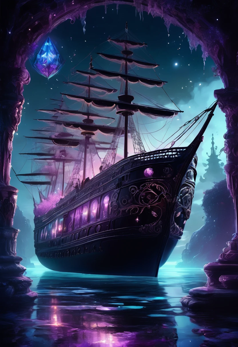 A medium quality digital painting of "The Crystal Ship" in a lolita goth style, depicting "The Beginning." Dark palette, intricate details, mystical atmosphere, high contrast, surreal, haunting vibes, moody lighting, fantasy illustration, ethereal glow, mystical symbols, painted textures, digital art, 4k resolution.