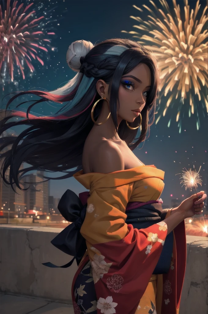 masterpiece, best quality, solo, 1girl, nessarnd, dark skin, makeup, single hair bun, kimono, off shoulder, hoop earrings, bare shoulders, fireworks Hair Over One Eye, Very Long Hair, Straight Hair, Hair Over Shoulder,Cowboy Shot, Hair Ornament, High Resolution, High Quality, 