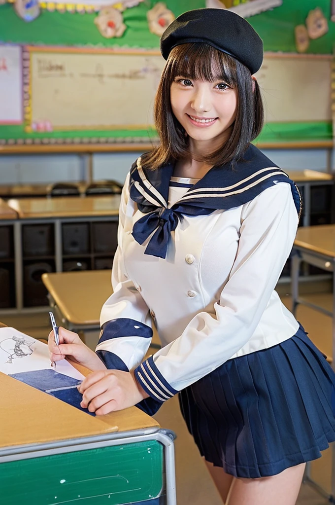 A girl standing in a classroom and unbuttoning her shirt,White long-sleeved open sailor shirt and navy blue one-piece school swimsuit,18-year-old,bangs,A small smile,Thighs,knees,Short hair and a low ponytail with a barrette,From below,Front light