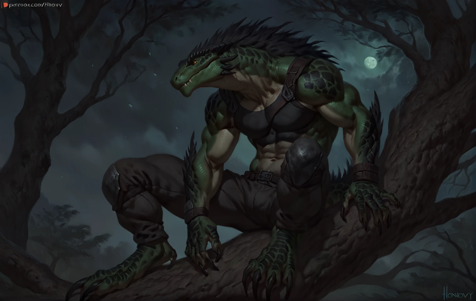 a ferocious male lizardfolk, anthro Glavenus, athletic, mercenary, pants, solo, scaly detailed body, full body, scars on body, cream and gray color body, yellow eyes, giant tail, comicbook style, best quality, 4k, ultra-detailed, by laobai, by taran fiddler, by honovy