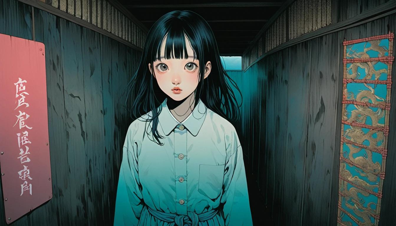 An illustration、art、Horror, Supervised by Junji Ito、Attention to detail, Realistic shadows、Analog Style, chromatic aberration, Surrealism、deth note