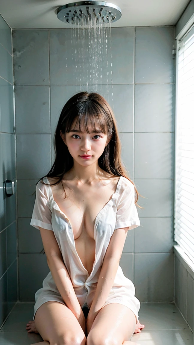 ((top-quality、​masterpiece))、(Full body standing shot:1.4)、、(arms behind back,:1.4)(Surreal girl in schoolgirl uniform Japan:1.3), (her shirt is unbuttoned、Cleavage is visible.、wet​, Transparent white shirt with short sleeves:1.2), (Blue extra-fine ribbon tie:1.2)、(not wearing a skirt 1.2、Black lace panties visible)、(slender:1.2)、(large boob:1.2)(masutepiece, Best Quality:1.2), 8K, 14years, 85 mm, Official art, Raw photo, absurderes,(Sadness face:1.3), close up, Upper body, violaceaess, gardeniass, Beautiful Girl, School uniform, (sitting in the bathtub in the shower room:1.4), Looking at Viewer, No makeup, Skinny Fingers, Film grain, chromatic abberation, Sharp Focus, face lights, clear lighting, , Detailed face, Professional Writing、Unbuttoning your shirt、水にwet​シャツ、Pregnant、10 monant、Beautiful navel、You can see the black bra through the white shirt、All wet with white calpis、wet​髪に白いカルピス、White calpis on wet and disheveled hair、twintails hairstyle、White calpis are scattered all over the body、There is a large amount of white Calpis on the stomach.、I don't wear a skirt、Gesture when taking off the skirt、muddy white shirt、big breasts thin waist、Shower water keeps coming out、There is hot water in the bathtub、shower water pours down on your body、