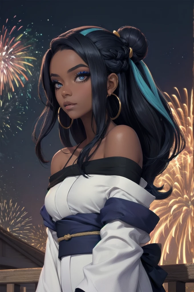 masterpiece, best quality, solo, 1girl, nessarnd, dark skin, makeup, single hair bun, kimono, off shoulder, hoop earrings, bare shoulders, fireworks Hair Over One Eye, Very Long Hair, Straight Hair, Hair Over Shoulder,Cowboy Shot, Hair Ornament, High Resolution, High Quality, Character Sheet Full-Length, 