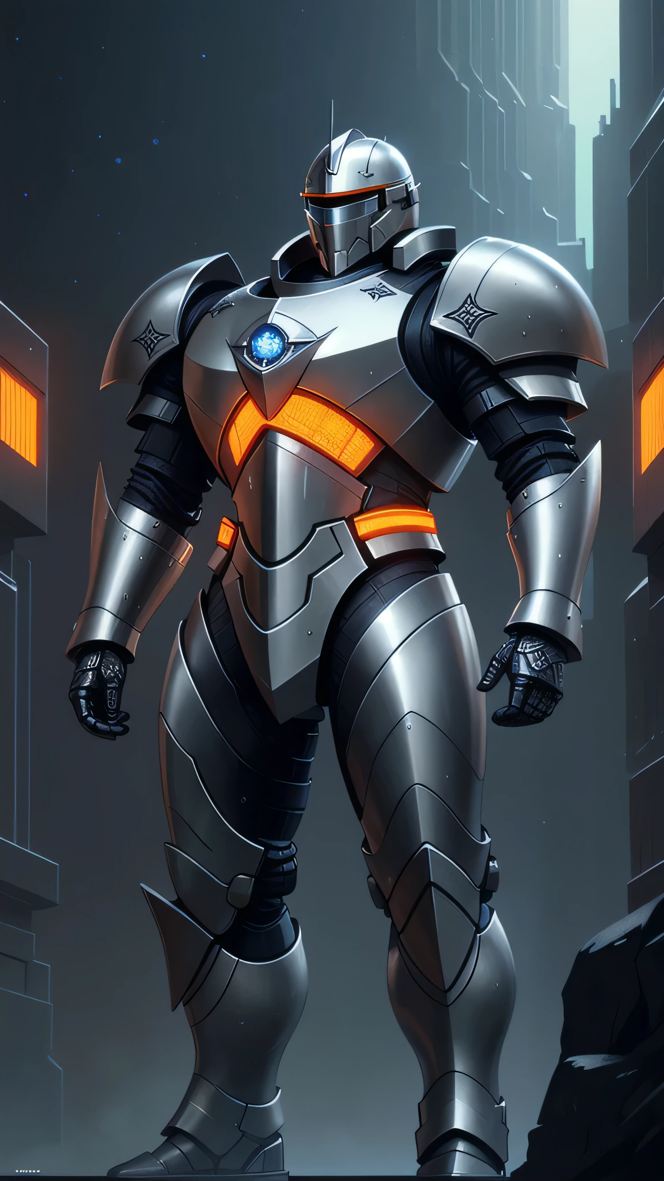 futuristic knight, heavy knight armor, helmet with visor, metallic orange and silver color scheme, modern high-tech elements, intricate engravings, glowing blue lights, holding large round shield, unique emblem, standing, heroic pose, cold starry backdrop, (insanely detailed, beautiful detailed face, masterpiece, best quality), cinematic lighting, 1man, solo, full body view, (front view), looking at viewer, intricate, high detail, sharp focus, dramatic, photorealistic painting art by greg rutkowski