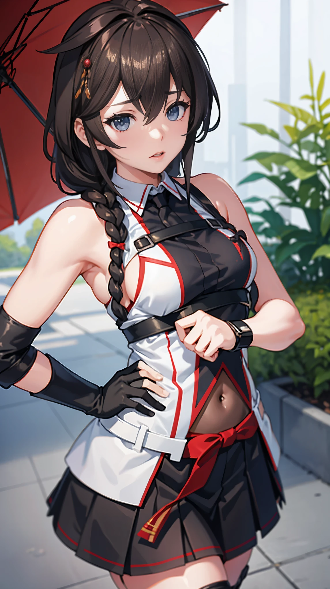 Shigure Kai 3 KanColle Sleeveless Black fingerless gloves Black skirt Braids 8K high resolution Highly detailed eyes Highly detailed face、Very detailed body、Highly detailed skin