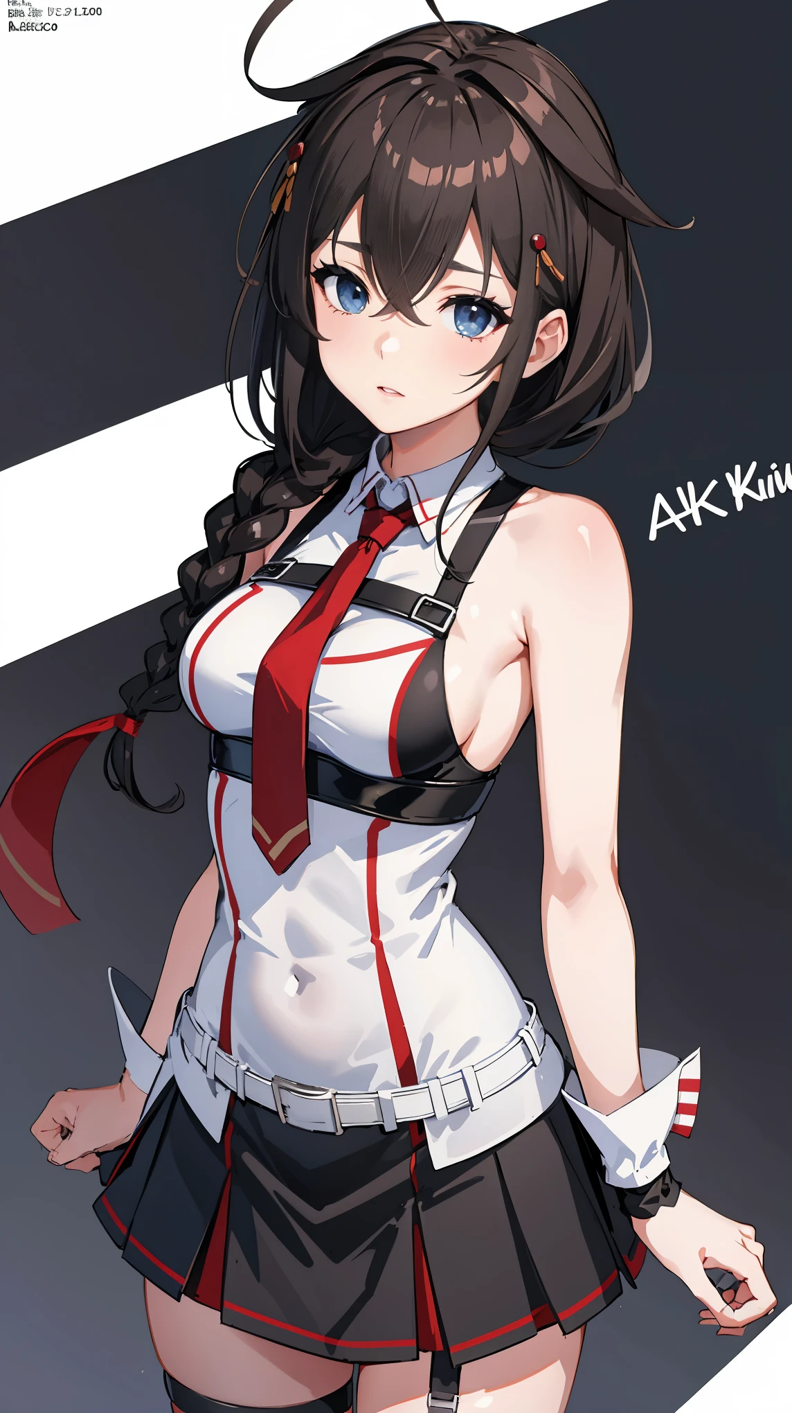 Shigure Kai 3 KanColle Sleeveless Black fingerless gloves Black skirt Braids 8K high resolution Highly detailed eyes Highly detailed face、Very detailed body、Highly detailed skin