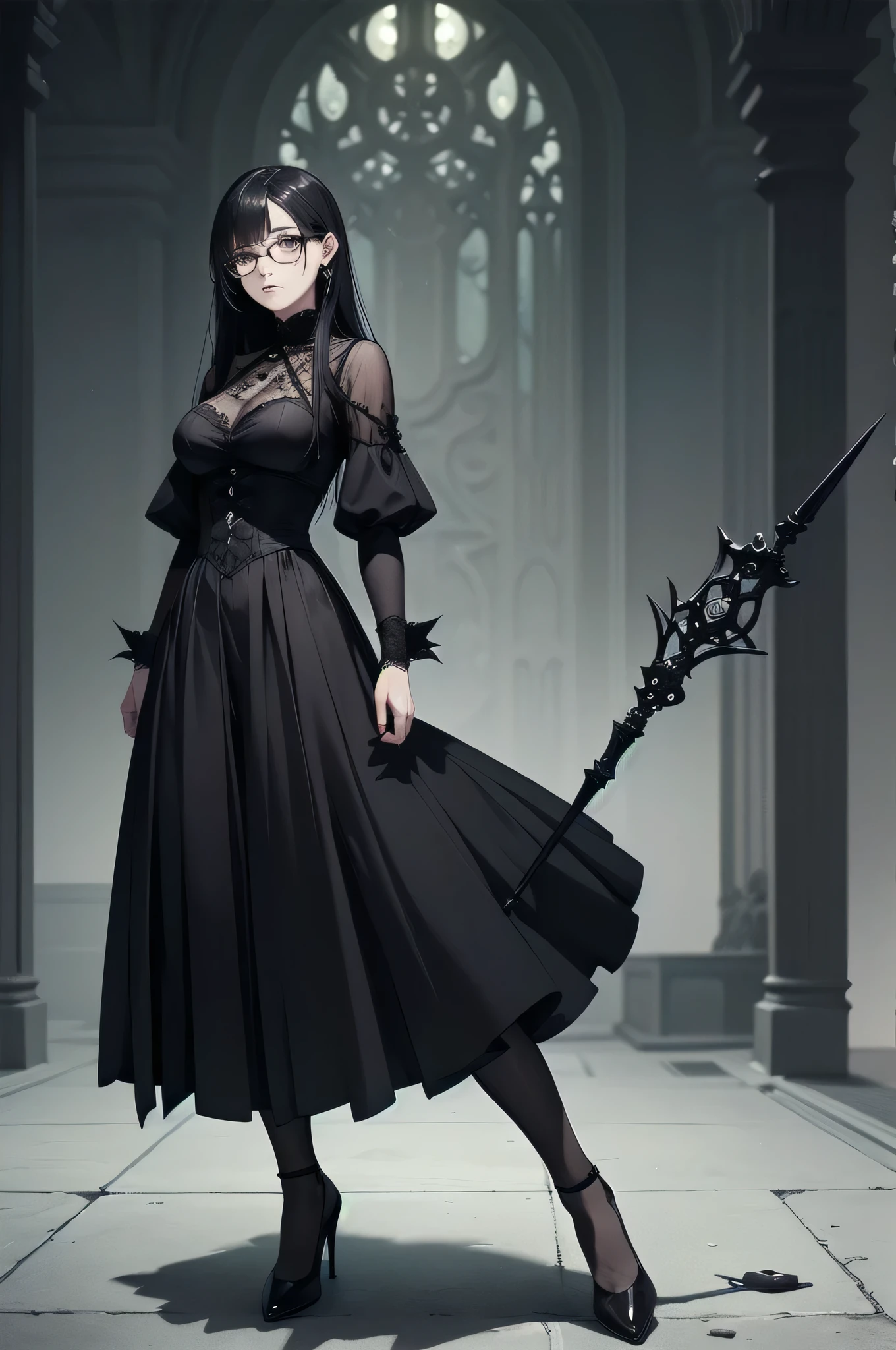 beautiful girl、cute、、Glasses、Black Hair、Long Hair、Straight Hair、bangsBangs、Bangs、Long skirt、Black pumps、Magic wand、witch、beautiful girl、Gothicドレス、Long Dress、Big Breasts、Slim body、Beautiful legs、(Best Quality,4K,High resolution,Masterpiece 1.2),Very detailed,Real 1.37,Spooky altar background,Dark fantasy,Black color scheme,Ominous atmosphere,Eye-catching,Storytelling,Anime Style,Concept Art,Inappropriate behavior,,beautiful, Delicate facial features, pale Skin, Dark Background、Dark Background, Cinema Lighting, Dramatic Shadows, Gothic, Gloomy atmosphere, Dark fantasy, One person&#39;S, Red cheeks, ,(Blood splatter 1.3),Scary smile, Creepy Smile,TwiSted Smile、Bloody,(Blood splatter 1.3),Horror Style, ((Frilled Black Costume)), ((Flowing Black Hair)), Female Curves, Sexy flat stomach, Perfect hands, Perfect anime character face, (Black Dress)), Standing, ((evil smile)), ,(Dark fantasy1.3), Moonlight Illumination, night lighting, (Blood splatter 1.3),Anime Angel Design, Gothicarchitecture、architecture、Western architecture、Fantasy World、,Victorian city, Skeleton Gas Light,Absurd, High resolution、 ((Tabletop)), ((Best Quality)), (Very detailedな), ((Very detailed)), (beautiful), ((cute)), One personで,(1.6)、beautiful face、Full Body Ezbian、pale, beautiful肌、Big Breasts、beautiful black hair、Long Hair、Smiling Kindly、Dark building ruins、(snow white&#39;Frill dress 1.3)、(The dark ruins are Bloody 1.3)、Low angle full body shot、(Glasses 1.2)、(Creepy 1.3)、(The girl lost a lot of blood............1.3)、(crazy smile 1.6)、(Blood dripping from the mouth 1.3)、（Glasses 1.5）、Wearing Glasses、Droopy eyes、Glasses、Gothic Dress、bangs, Long Hair, Black Hair、Dark fantasy 、background