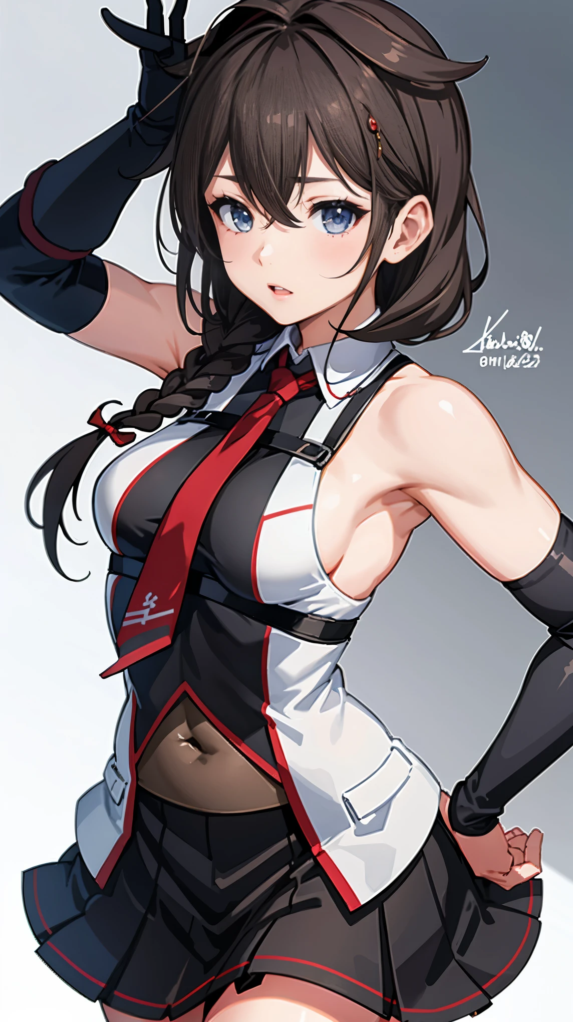 Shigure Kai 3 KanColle Sleeveless Black fingerless gloves Black skirt Braids 8K high resolution Highly detailed eyes Highly detailed face、Very detailed body、Highly detailed skin